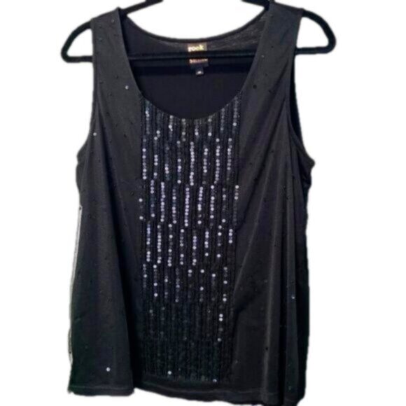 Black Rock & Shine Festive Sequin Mesh Sheer Sleeveless Top Blouse Tank Large - Picture 1 of 6